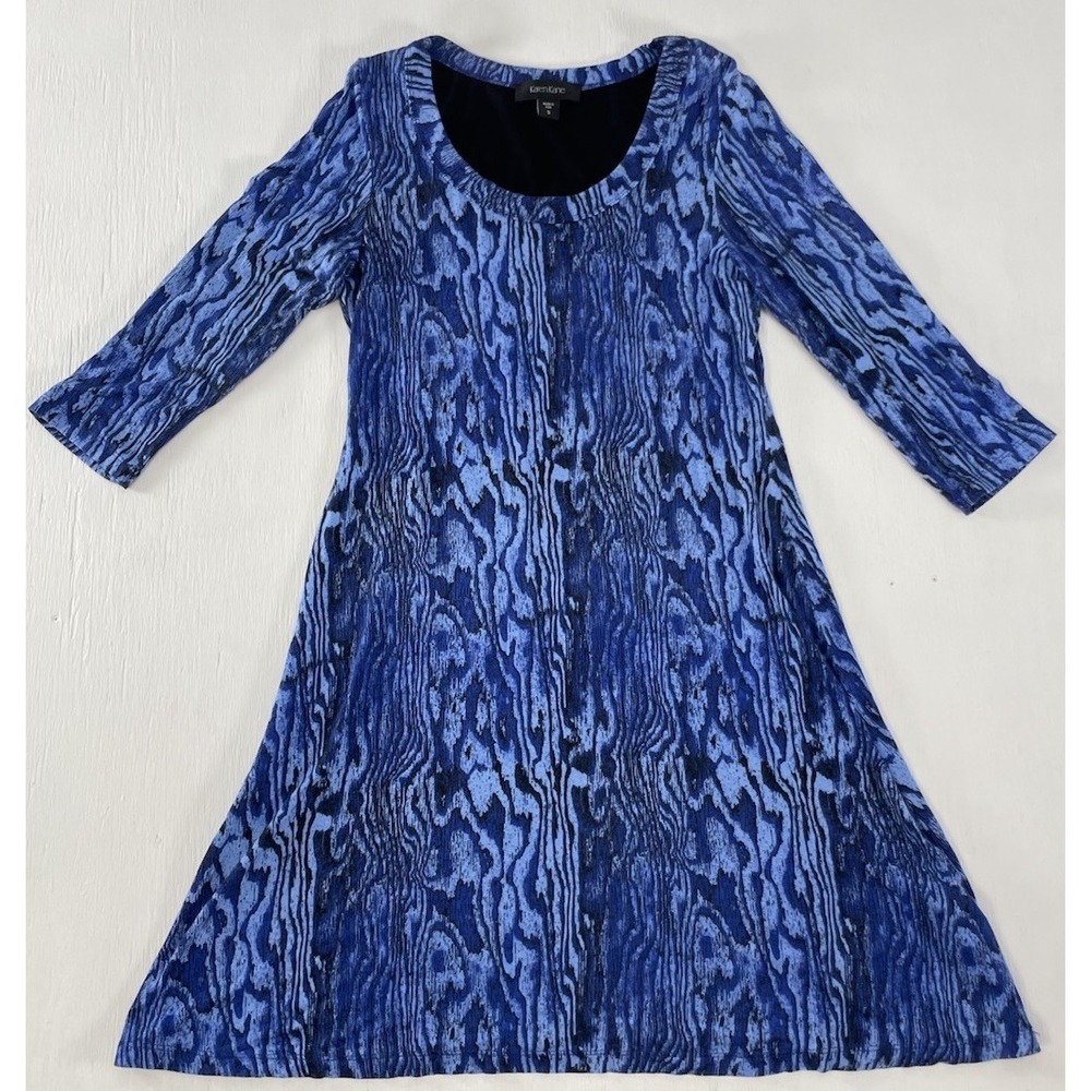 Karen Kane Dress Women's Small Blue Black Geo Short 3/4 Sleeve Stretch Swing